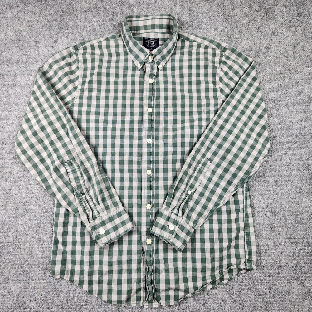 Abercrombie & Fitch Mens Large Green Gingham Check Stretch Long Sleeve Shirt